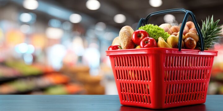 Red shopping basket filled with fresh groceries on blurred store backdrop