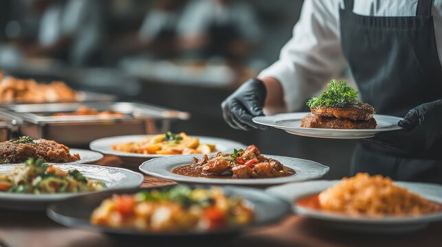 A chef in black gloves carefully presents a plate of cooked meat topped with fresh herbs, amid a buffet line of various prepared dishes.