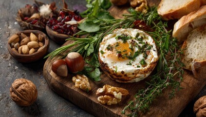 Sunny egg with garnishes on a wood board
