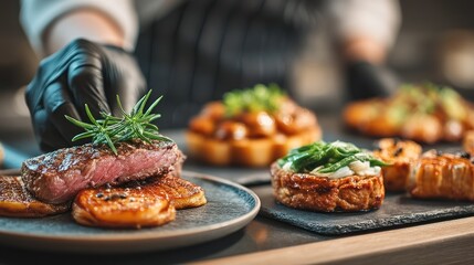 A chef expertly arranges a cooked steak with rosemary and roasted potatoes on a dark plate, showcasing culinary artistry and fine dining.