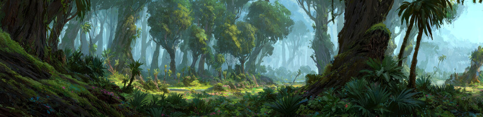 Lush jungle landscape influenced by video game cinematics with dense green foliage, towering ancient trees, and misty atmosphere creating a mystical and vibrant environment