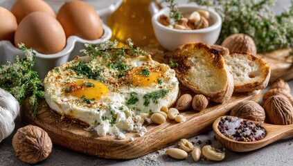 Eggs, bread, nuts, and herbs on a wooden cutting board