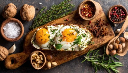 Eggs on toast, herb garnish, spices on wood
