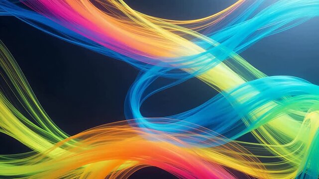 Vibrant colorful swirling lines dance across a dark background in an abstract illustration.