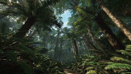 Lush tropical rainforest with vibrant green ferns and tall palm trees, dense canopy, and moist environment