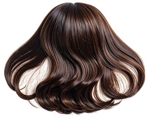 Naklejka premium A close-up shot of wavy dark brown hair with lighter brown highlights, styled on a white background