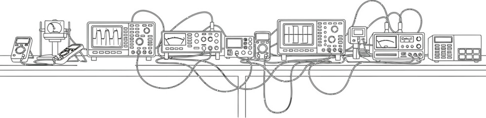 Detailed black and white outline illustration depicting various electronic testing and measurement instruments interconnected with numerous cables on a laboratory workbench.