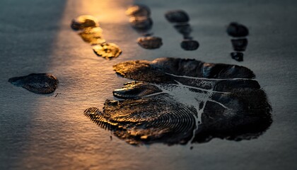 Close Up of a Wet Black Fingerprint Impression Illuminated by Warm Golden Light on a Reflective Surface Creating Dark Contrast Evidence Concept