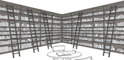 Detailed illustration of a vast corner library interior featuring tall wooden bookshelves completely filled with books and rolling ladders providing access to upper levels.