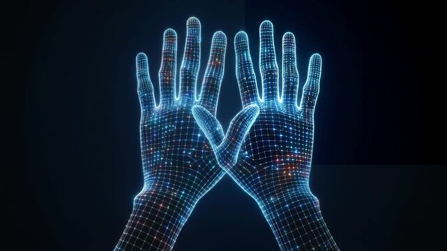 Digital Harmony: Two hands, glowing with a futuristic luminescence, extend outwards, interlacing a feeling of harmony and digital connections in the modern era.