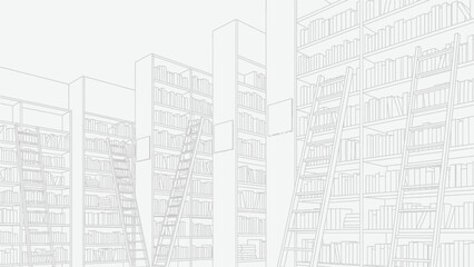 Detailed black and white line art drawing illustrating towering library bookshelves filled with volumes alongside several rolling ladders providing access to knowledge archives.