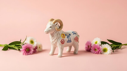 A white ram figurine with colorful symbols and flowers on a pink background