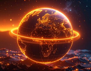 A digital rendering of planet Earth, glowing orange with continents highlighted, encircled by a ring, all set against a starry backdrop
