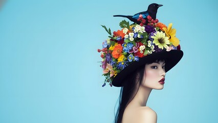 A striking portrait of a young woman in profile, showcasing a dramatic hat overflowing with a profusion of diverse, colorful blossoms, with a small bird adding a whimsical touch.