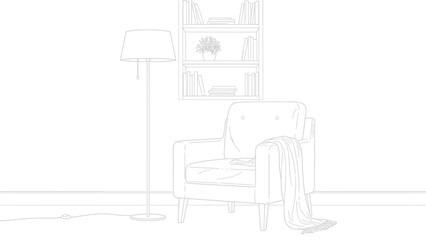 Minimalist line art drawing of a cozy reading nook featuring a comfortable armchair a tall floor lamp and a wall mounted bookshelf illustration