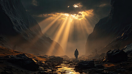 A man walking through a dark valley toward the heavenly concept. A person stands alone in a dramatic canyon, illuminated by sunlight.