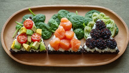 Triangle toast with avocado, salmon, rice, cream, greens