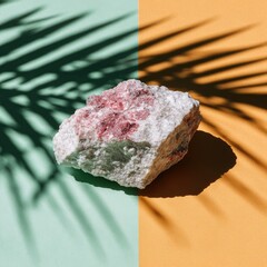 Crystal stone casting palm frond shadow on colorful paper