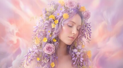 Ethereal Portrait of a Woman Adorned with Lavender and Yellow Flowers in Her Purple Hair with Soft Cloudlike Background