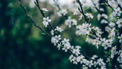 Close-up view of small, white spring flowers with yellow centers blooming on thin branches, set against a softly blurred background of vibrant green foliage.