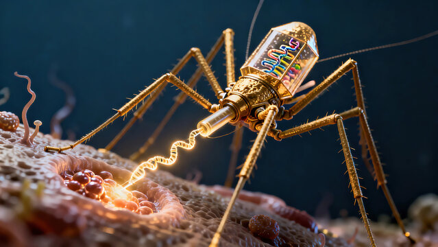Hyperrealistic Bacteriophage T4: Icosahedral Head, Contractile Tail Sheath & DNA Injection Into E. coli&mdash;16K Blender Cycles SEM Style Microbiology Textbook Illustration