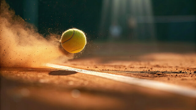 Tennis ball hitting the line on a clay court concept. A tennis ball bouncing on a clay court, capturing the action