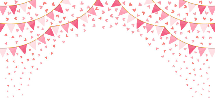Background decorated with small red and pink hearts and festive bunting garlands