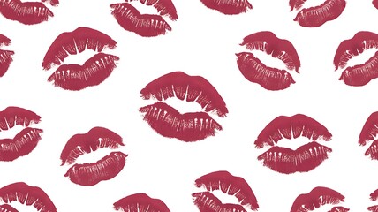 Fototapeta premium Seamless pattern design featuring red lipstick kiss marks on a white background photo