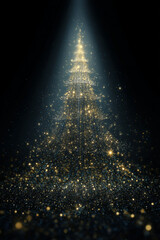 Magical christmas tree made of golden stars illuminating against black background