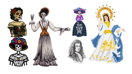 Calaverita Literaria & La Llorona Mexican Folk Art Vector Illustration, Indigenous Culture