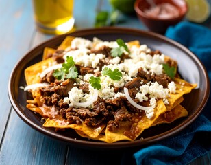 A mouthwatering dish of crispy tortilla chips topped with savory meat, crumbled cheese, cilantro, & onions. Served on a rustic plate with a hint of lime and a glass of beer
