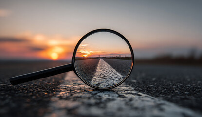 Magnifying glass with a black handle and reflective glass lens focusing on an empty cracked asphalt road during sunset, illustrating clarity and perspective