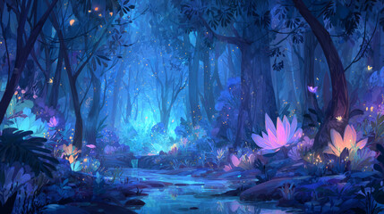 Magical forest scene with glowing flowers and luminous trees in a mystical, enchanted environment illuminated by bioluminescent light