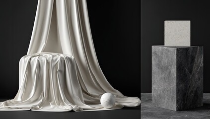 Cream fabric draped, stone cubes. Minimal, elegant