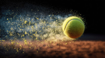 Tennis ball hitting the line on a clay court concept. Dynamic tennis ball in motion leaving a trail of dust.