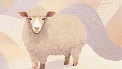 A fluffy white sheep stands against a pastel background with abstract wavy patterns, looking directly at the viewer.