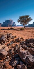 Desert landscape with rocks, tree, and mountain backdrop