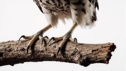 Close up of a majestic eagles talons gripping a weathered tree branch against a clean white background.