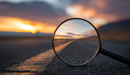 Magnifying glass with black handle reflecting a straight empty asphalt road during sunset against a colorful sky and distant mountains