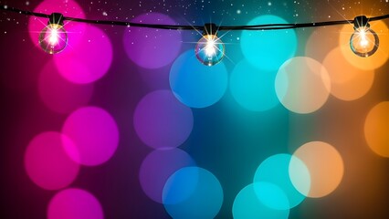 Festive string lights featuring glowing bulbs against a vibrant, colorful bokeh background with subtle falling snow effects creating a magical holiday atmosphere