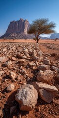 Desert landscape w/rocks, tree, mountain, clear sky