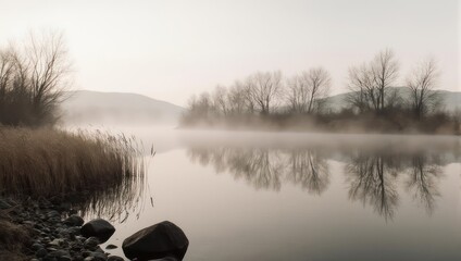 Serene misty morning landscape over a calm river with reflections.