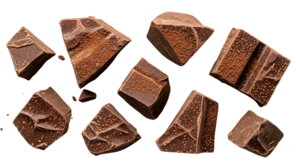 Delicious chocolate pieces with cocoa powder on black background