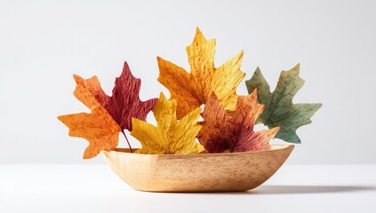 Autumn leaves in wooden bowl, soft light, warm colors