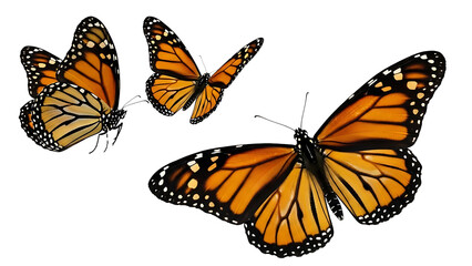 Fototapeta premium Three monarch butterflies flying against black background