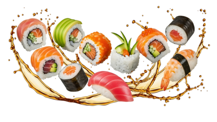 Delicious sushi rolls and sashimi with soy sauce splash on black background