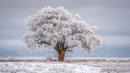 Majestic deciduous tree with snow-covered branches and roots in winter landscape