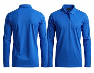 Front and back views of a long-sleeved blue polo shirt