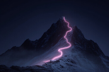 Majestic mountain peak illuminated by vibrant pink lightning trail during nighttime, rugged snow-covered slopes and dramatic sky creating a surreal natural scene