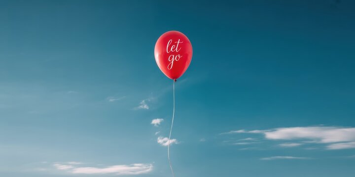Red balloon with inspirational let go message floating in blue sky minimal background symbol of freedom release and new beginnings